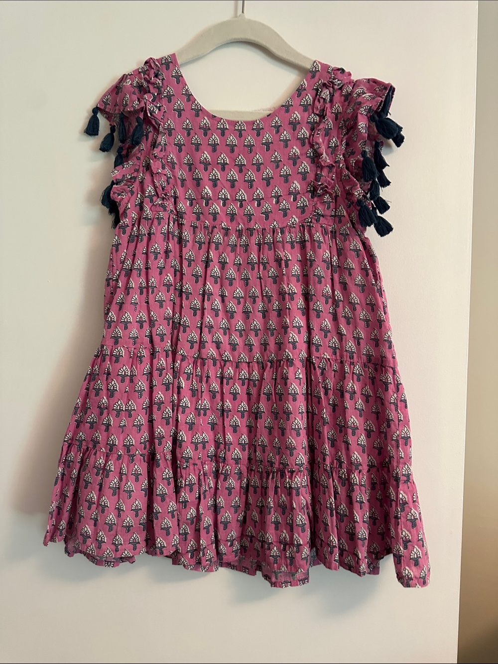 Mer St. Barth Girls Pink Printed Tiered Dress with Navy Tassel Trim